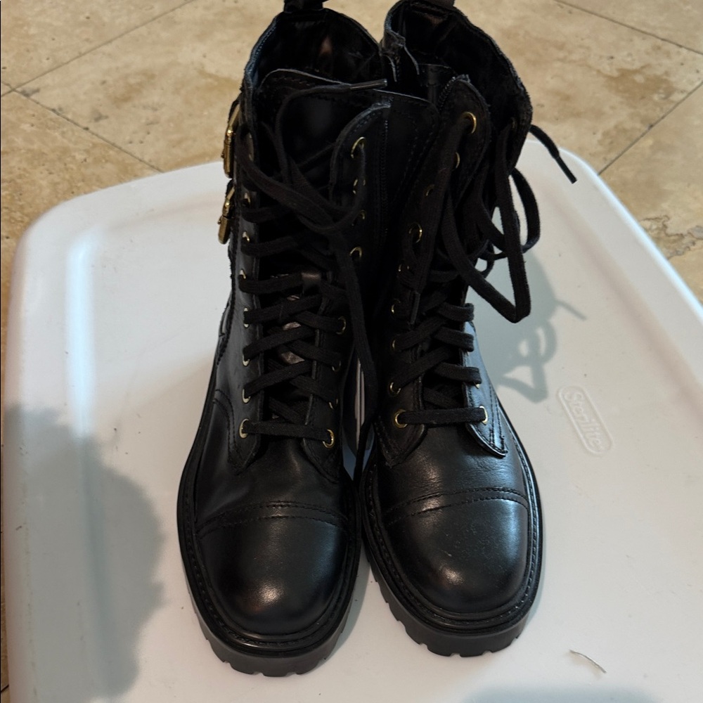 Mango Women’s Black Leather Lace-Up Combat Boots